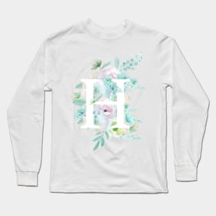 Botanical alphabet H green and purple flowers Long Sleeve T-Shirt